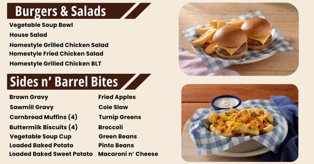 Cracker Barrell Burgers & Salads, Sides n' Barrel Bites