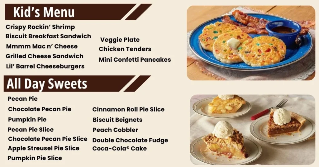 Cracker Barrell All Day Sweets and Kids Menu USA