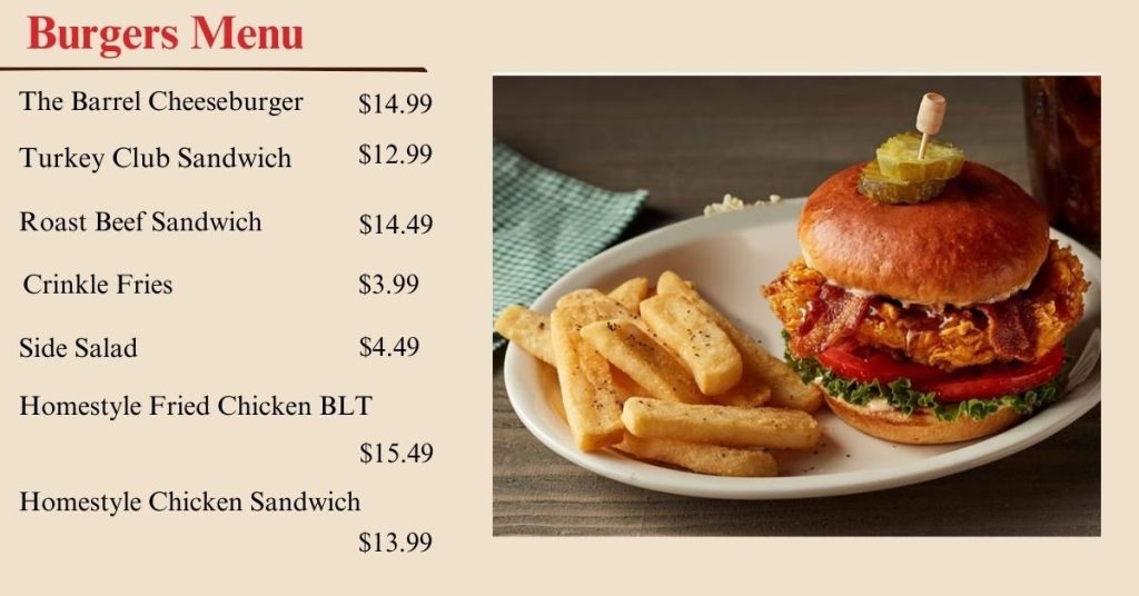 Cracker Barrel Burgers Menu prices usa